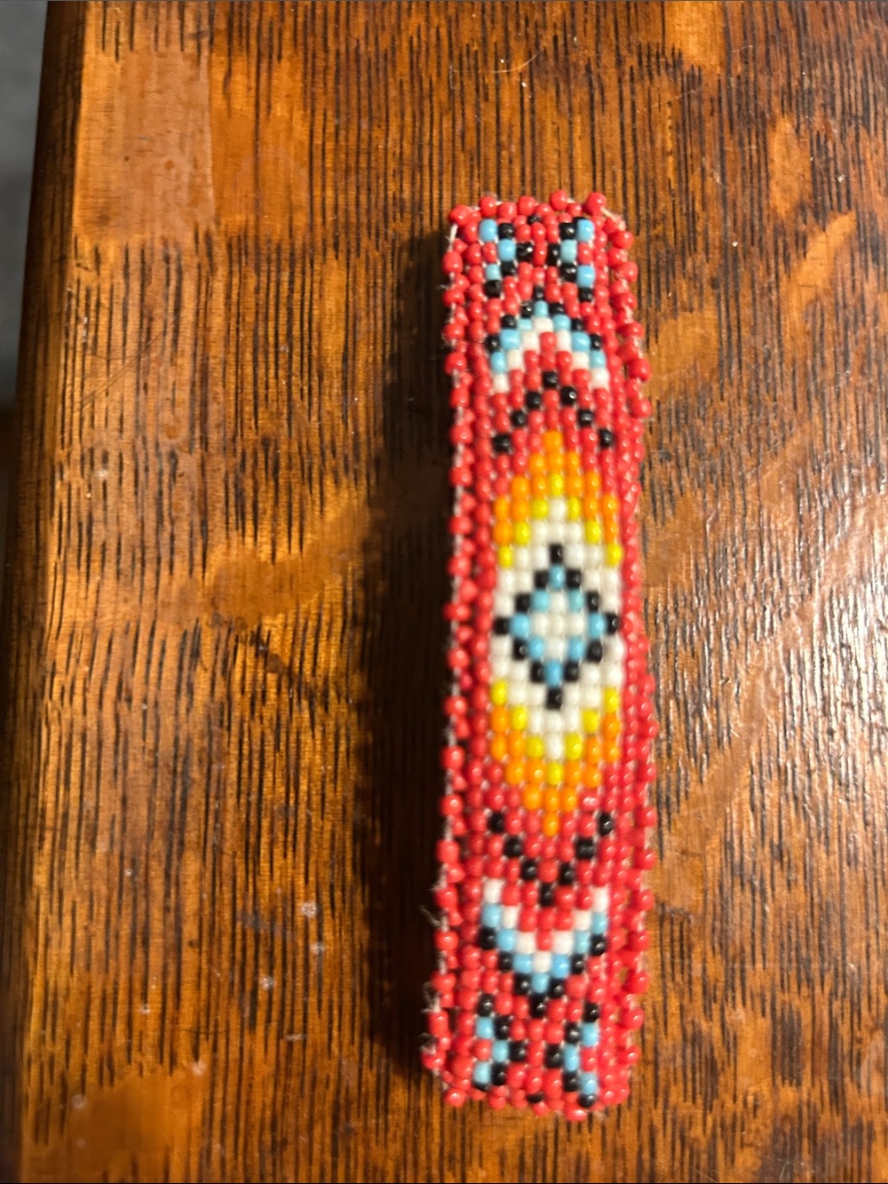 Native Beaded Barrette Red with Yellow, Blue, Black and White Accents